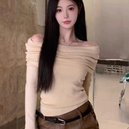 西兒毛衣女春秋薄款一字肩針織衫上衣露肩氣質(zhì)甜美小眾露鎖骨打底衫 杏色均碼85-135斤