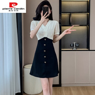 皮爾卡丹（pierre cardin）夏裝新款法式小香風(fēng)洋裝小禮服氣質(zhì)名媛小個(gè)子連衣裙拼接修身遮肉 米白色 S