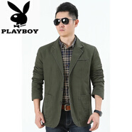 花花公子（PLAYBOY）高檔春秋休閑西裝男裝棉外套男士韓版西服中年胖子大碼小西裝男裝 軍綠色 L 穿130-140斤體重