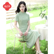 逸紅顔（E.Beauty）隴月2025夏新簡(jiǎn)約釘珠絲緞提花A擺改良短袖旗袍淑女連衣裙 碧玉石 L