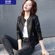 羅蒙（ROMON）  皮衣女短款外套修身顯瘦2022秋冬季新款帥氣高腰機(jī)車皮夾克上衣 黑色（尺碼偏小，建議大一碼） XL 110斤以下