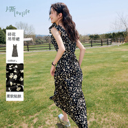 片斷連衣裙女2025夏季新款v領(lǐng)小飛袖收腰田園浪漫a字裙碎花長(zhǎng)裙 黑白 M