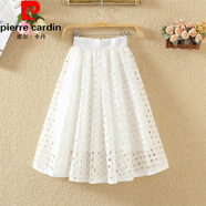 皮爾卡丹（pierre cardin）夏季新款韓版高腰百搭顯瘦A字蓬蓬裙圓圈鏤空蕾絲半身裙中長(cháng)款女 白色 均碼 【松緊腰】