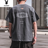 花花公子短袖T恤男復(fù)古日系2022新款夏季寬松半袖上衣潮牌體恤衫 A434深灰色 2XL 建議【140-160斤】