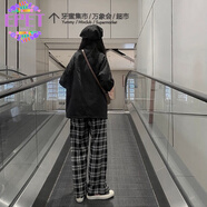 EPET黑色格子運動休閑褲女春秋薄款寬松2025新款高腰直簡垂感闊腿長褲 黑白格子 S 80-95斤