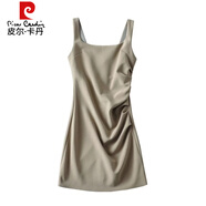 皮爾卡丹（pierre cardin）純色方領(lǐng)褶皺收腰包臀連衣裙女高腰顯瘦無(wú)袖吊帶裙性感辣妹短裙 豆綠色 M