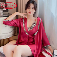 浪莎睡衣女長袖夏季性感吊帶睡裙睡袍兩件套高級感春秋薄款家居服 912[兩件套]酒紅色 L 建議90-105斤