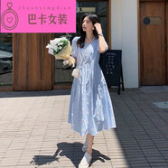NJTD微胖女生穿搭春夏裝長(zhǎng)裙學(xué)生連衣裙大碼2025女裝胖mm法式齡泡泡袖 藍(lán)色 均碼 2xl 建議140-160斤