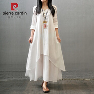 皮爾卡丹（PIERRE CARDIN）亞麻連衣裙女2025新款春裝文藝大擺長袖寬松袍子假兩件長袍 白色 M