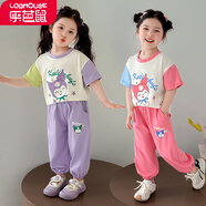 樂芭鼠女寶寶套裝夏裝兒童衣服女童套裝夏季1-3-8歲女孩短袖t桖長褲子薄 紫色-2521庫洛米拼接袖套裝 90 碼建議1-2歲 (身高85左右)