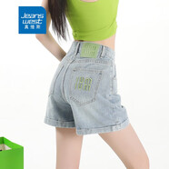 真維斯（Jeanswest）刺繡牛仔短褲女夏季2025年新款卷邊ins高腰顯瘦a字小個子外穿熱褲 淺藍(lán)色 L 【106-120斤選】