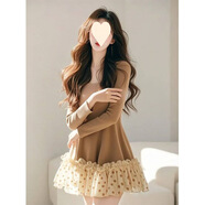 HUALIN FASHION波點(diǎn)網(wǎng)紗拼接長(zhǎng)袖連衣裙女氣質(zhì)百搭感小眾 駝色連衣裙 M 建議95-105斤