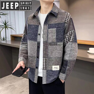 JEEP SPIRIT春季新款男士含仿羊毛潮流民族風花紋呢子襯衫復古時尚翻領外套 藏藍色 XL 145-165斤