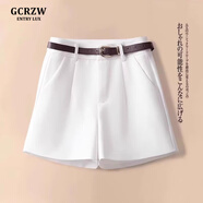 GCRZW輕奢黑色短褲女秋冬2024新款外穿休閑毛呢小個子時尚直筒闊腿褲子 白色 -西裝料-贈皮帶 M /27 建議95-105斤