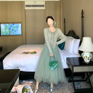 濮水方方春季仙女蓬蓬裙高腰半身裙搭配長袖上衣兩件套 淺茶綠兩件套 S