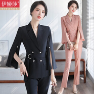 伊婭莎職業(yè)西裝套裝女氣質(zhì)名媛時(shí)尚正裝主持人洋氣總裁西服OL御姐工作服 黑色外套+西褲 XL 建議110-120斤