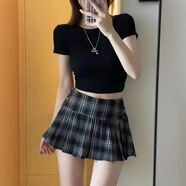 緋垚美式復古格紋百褶裙女2025夏超短裙學(xué)院風(fēng)JK半身裙顯瘦a字短裙子 黑格 (帶安全褲） S