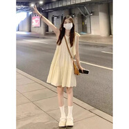 貞喜氣吊帶無(wú)袖掛脖連衣裙小個(gè)子新款女裝孕婦裙夏季海邊度假仙女沙灘裙 杏色 M （適合45-55kg）