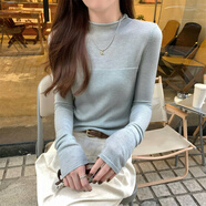 S.SOFEA法式半透視拼接上衣女春季修身長袖針織打底衫 綠色 S