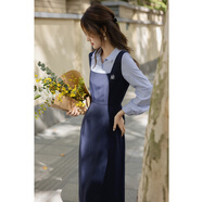 德瑪納【長(cháng)絲紗線(xiàn)織造】春秋款設計感假兩件翻領(lǐng)撞色條紋繡花女式連衣裙