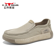 公牛世家（G.N.Shi Jia）夏季新款帆布鞋男手工一腳蹬百搭增高男士透氣休閑男鞋潮 卡其 41