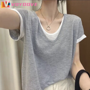 VOYDOVE夏季薄款假兩件v領(lǐng)上衣女寬松顯瘦遮肉胖mm設(shè)計(jì)感氣質(zhì)百搭純色t恤 灰色 4XL 【建議180-200斤】