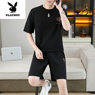 花花公子（PLAYBOY）高端夏季男士冰絲短袖短褲兩件套裝高端休閑t恤男裝一套搭配帥氣 TZ513黑色 L 建議100-120斤