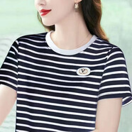 蘇檸檸純棉條紋短袖t恤女2025夏季新款寬松大碼半袖顯瘦百搭圓領(lǐng)體恤 寶藍條紋 3XL 建議130-140斤
