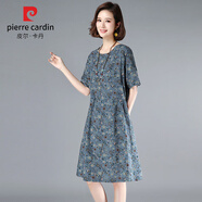 皮爾卡丹（pierre cardin）夏季短袖連衣裙女裝2024新款韓版高腰寬松時尚氣質中長款碎花裙子 灰底花 2XL （135-150斤）