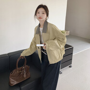 衣典零一（LEDIALYI）工裝條紋拼接外套女2025春秋新款復(fù)古寬松顯瘦小個(gè)子休閑夾克上衣 淺卡其色 XS （建議95斤內(nèi)）