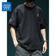 真維斯（Jeanswest）純棉短袖t恤男夏季新款圓領(lǐng)刺繡潮流半袖寬松加肥加大碼休閑上衣 黑色 S