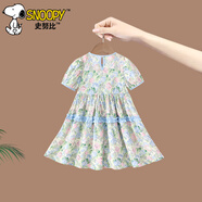 史努比女童夏裝連衣裙2025新款兒童洋氣公主裙女寶寶夏季甜美碎花裙子 淺藍 105 建議身高91-105cm