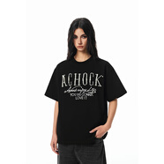 A CHOCK【Achock官方店】美式運(yùn)動(dòng)釘珠短袖T恤男女潮牌重磅寬松情侶上衣 黑色 M