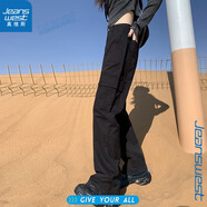 真維斯加絨工裝褲女生高腰窄版闊腿牛仔褲女秋冬季保暖寬松設(shè)計感褲子 黑色【加長】 XL