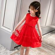 彩彩蛙（CAICAIWA）女童連衣裙2025新款網(wǎng)紅洋氣夏裝兒童公主裙大童裝小女孩裙子 1911連衣裙  紅色 160 建議身高150CM