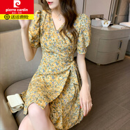皮爾卡丹（pierre cardin）2025夏裝新款系帶收腰顯瘦復古法式V領(lǐng)雪紡短裙女氣質(zhì)碎花連衣裙 黃色短*袖 /裹胸 S 80-90斤