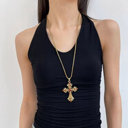 早紀（ZAOJI）y2k朋克辣妹金色水鉆十字架長(cháng)款項鏈甜酷風(fēng)中古亞文化雙層鎖骨鏈 十字架長(cháng)款項鏈