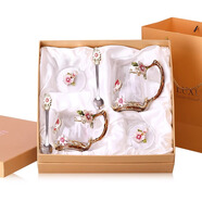 Luxury Flowers琺瑯彩水晶玻璃杯新款女士高顏值家用花茶杯子高檔辦公室精致水杯 【雙支禮盒】高杯+矮杯+勺+蓋