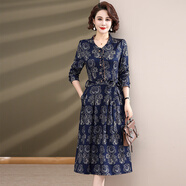啄木鳥(niǎo)媽媽春秋款連衣裙中老年女裝時(shí)尚高貴顯瘦打底長(cháng)裙藏青色小花 XL