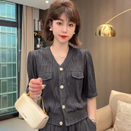 源夫人小香風(fēng)夏季女裝百褶減齡套裝短袖上衣裙褲短褲大碼顯瘦遮肉微胖 上衣深灰色 M 105-120斤