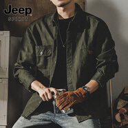JEEP SPIRIT美式復古工裝長(cháng)袖襯衫男春秋款寬松獵裝夾克男秋季外套男士 軍綠 XL 適合140-160斤 適合140-160斤