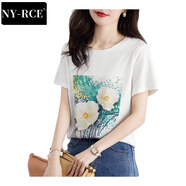 NY-RCE短袖t恤女夏季2025新款短款上衣百搭潮流印花減齡小白t恤 白色 水中花 XL 120-130斤