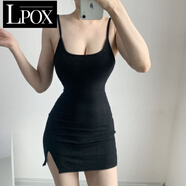 LPOXZZ骨ZZ 小眾性感低胸顯瘦基礎款開(kāi)叉修身包臀純色吊帶連衣裙 黑色[鹽系炸街] 均碼 80-125斤