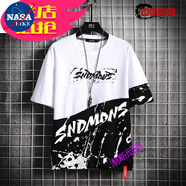 NASALIKE兩件套】港仔文藝ins夏季男士短袖t恤涂鴉印花棉質(zhì)衣服男寬松 6920黑色 L
