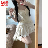 莜仙格學(xué)院風(fēng)甜辣碎花假兩件短袖上衣女夏季肌理感小個(gè)子蓬蓬短裙套裝潮 上衣+裙子 M 90-105斤