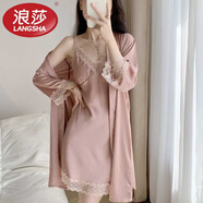 浪莎（LangSha）2025年新款睡衣女款性感夏季冰絲綢薄款吊帶胸墊睡裙高級感兩件套 粉色 吊帶+外袍 M 80-100斤