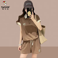 啄木鳥(niǎo)歐洲站純·棉闊腿短褲套裝女2025夏季寬松短袖POLO休閑運動(dòng)潮流 咖色【短袖+短褲兩件套】 XL 建議110-125斤