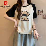 皮爾卡丹（pierre cardin）拼色短袖T恤女閨蜜裝寬松韓版插肩半袖短款上衣潮ins夏裝2025新款 黑拼杏【大鼻子狗】 2XL