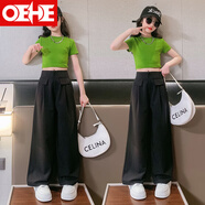 OEHE女童套裝夏款兩件套純色長(zhǎng)褲清爽中大童女孩時(shí)尚夏季兒童衣服 西裝褲綠色套裝 160 cm