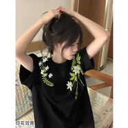 蘇愚100%純棉美式新中式花卉花環(huán)短袖T恤女夏季寬松潮牌上衣半袖男情 220克-黑 M 建議95-110斤